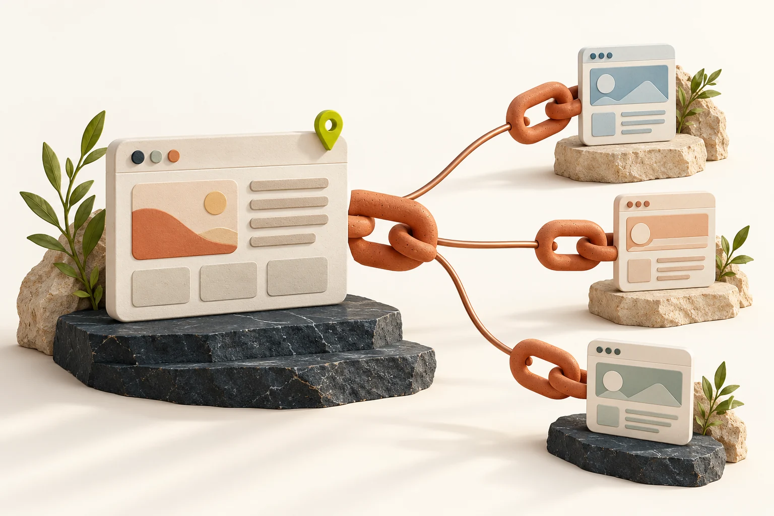 Illustration of terracotta chain links connecting website and directory panels