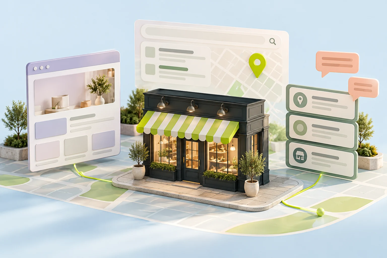 Illustration of a business storefront connected to search, its website, directory records and customer feedback